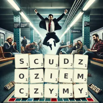 Kreatywna ilustracja do gry w Scrabble ze słowem SCUDZOZIEMCZYMY ułożonym z płytek na planszy.