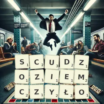 Kreatywna ilustracja do gry w Scrabble ze słowem SCUDZOZIEMCZYŁO ułożonym z płytek na planszy.