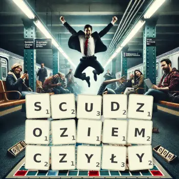 Kreatywna ilustracja do gry w Scrabble ze słowem SCUDZOZIEMCZYŁY ułożonym z płytek na planszy.