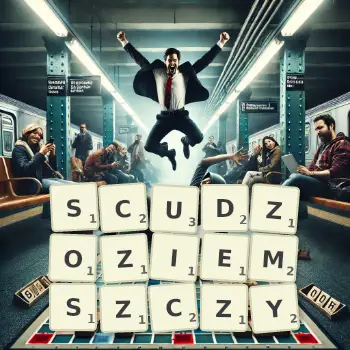 Kreatywna ilustracja do gry w Scrabble ze słowem SCUDZOZIEMSZCZY ułożonym z płytek na planszy.