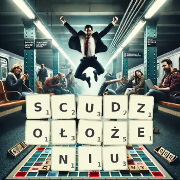 Kreatywna ilustracja do gry w Scrabble ze słowem SCUDZOŁOŻENIU ułożonym z płytek na planszy.