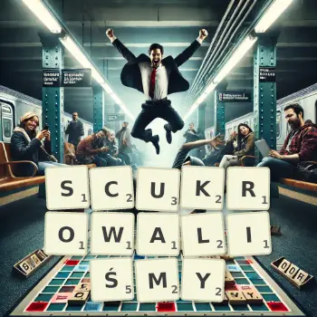 Kreatywna ilustracja do gry w Scrabble ze słowem SCUKROWALIŚMY ułożonym z płytek na planszy.