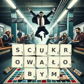Kreatywna ilustracja do gry w Scrabble ze słowem SCUKROWAŁOBYM ułożonym z płytek na planszy.