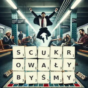 Kreatywna ilustracja do gry w Scrabble ze słowem SCUKROWAŁYBYŚMY ułożonym z płytek na planszy.