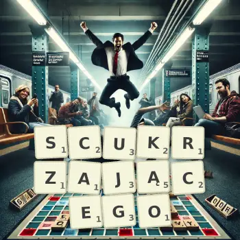 Kreatywna ilustracja do gry w Scrabble ze słowem SCUKRZAJĄCEGO ułożonym z płytek na planszy.