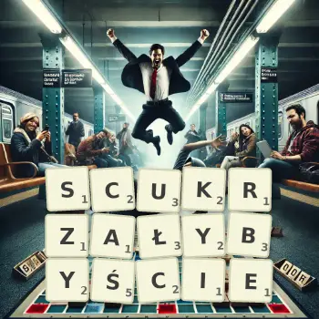 Kreatywna ilustracja do gry w Scrabble ze słowem SCUKRZAŁYBYŚCIE ułożonym z płytek na planszy.