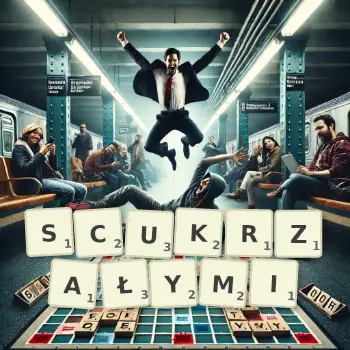 Kreatywna ilustracja do gry w Scrabble ze słowem SCUKRZAŁYMI ułożonym z płytek na planszy.