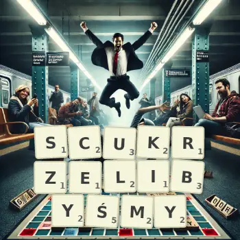 Kreatywna ilustracja do gry w Scrabble ze słowem SCUKRZELIBYŚMY ułożonym z płytek na planszy.