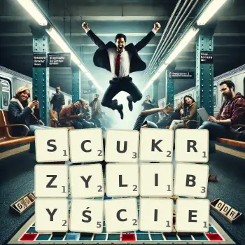 Kreatywna ilustracja do gry w Scrabble ze słowem SCUKRZYLIBYŚCIE ułożonym z płytek na planszy.