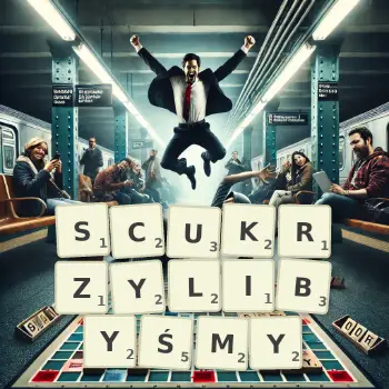 Kreatywna ilustracja do gry w Scrabble ze słowem SCUKRZYLIBYŚMY ułożonym z płytek na planszy.
