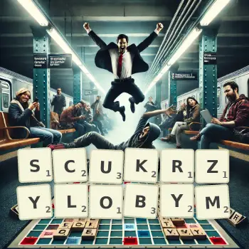 Kreatywna ilustracja do gry w Scrabble ze słowem SCUKRZYLOBYM ułożonym z płytek na planszy.