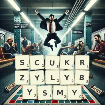 Kreatywna ilustracja do gry w Scrabble ze słowem SCUKRZYLYBYSMY ułożonym z płytek na planszy.
