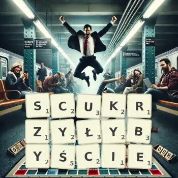Kreatywna ilustracja do gry w Scrabble ze słowem SCUKRZYŁYBYŚCIE ułożonym z płytek na planszy.