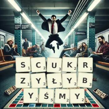 Kreatywna ilustracja do gry w Scrabble ze słowem SCUKRZYŁYBYŚMY ułożonym z płytek na planszy.