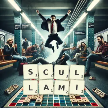 Kreatywna ilustracja do gry w Scrabble ze słowem SCULLAMI ułożonym z płytek na planszy.