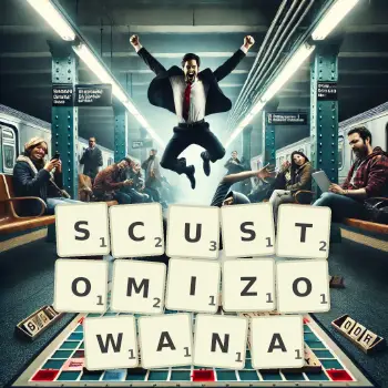 Kreatywna ilustracja do gry w Scrabble ze słowem SCUSTOMIZOWANA ułożonym z płytek na planszy.