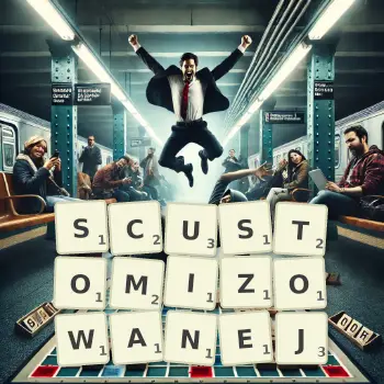 Kreatywna ilustracja do gry w Scrabble ze słowem SCUSTOMIZOWANEJ ułożonym z płytek na planszy.