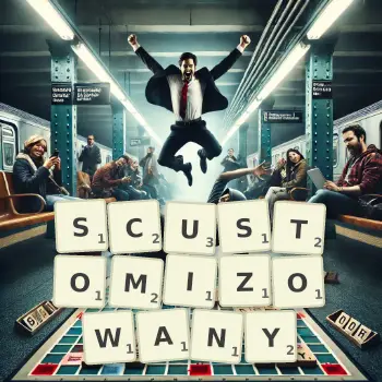 Kreatywna ilustracja do gry w Scrabble ze słowem SCUSTOMIZOWANY ułożonym z płytek na planszy.