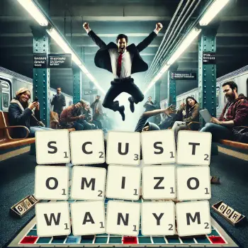 Kreatywna ilustracja do gry w Scrabble ze słowem SCUSTOMIZOWANYM ułożonym z płytek na planszy.