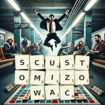 Kreatywna ilustracja do gry w Scrabble ze słowem SCUSTOMIZOWAĆ ułożonym z płytek na planszy.