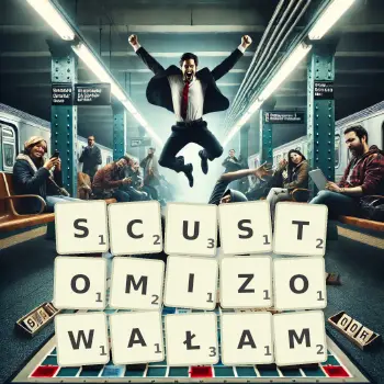 Kreatywna ilustracja do gry w Scrabble ze słowem SCUSTOMIZOWAŁAM ułożonym z płytek na planszy.