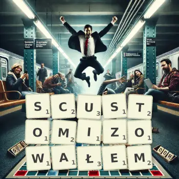 Kreatywna ilustracja do gry w Scrabble ze słowem SCUSTOMIZOWAŁEM ułożonym z płytek na planszy.