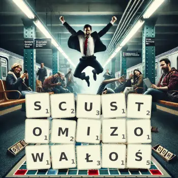 Kreatywna ilustracja do gry w Scrabble ze słowem SCUSTOMIZOWAŁOŚ ułożonym z płytek na planszy.