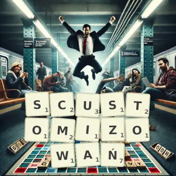 Kreatywna ilustracja do gry w Scrabble ze słowem SCUSTOMIZOWAŃ ułożonym z płytek na planszy.