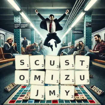 Kreatywna ilustracja do gry w Scrabble ze słowem SCUSTOMIZUJMY ułożonym z płytek na planszy.