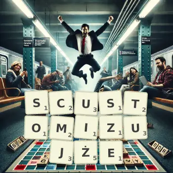Kreatywna ilustracja do gry w Scrabble ze słowem SCUSTOMIZUJŻE ułożonym z płytek na planszy.