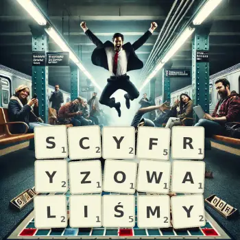 Kreatywna ilustracja do gry w Scrabble ze słowem SCYFRYZOWALIŚMY ułożonym z płytek na planszy.