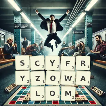 Kreatywna ilustracja do gry w Scrabble ze słowem SCYFRYZOWALOM ułożonym z płytek na planszy.