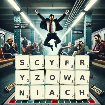 Kreatywna ilustracja do gry w Scrabble ze słowem SCYFRYZOWANIACH ułożonym z płytek na planszy.