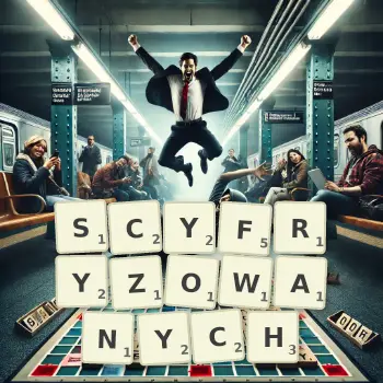 Kreatywna ilustracja do gry w Scrabble ze słowem SCYFRYZOWANYCH ułożonym z płytek na planszy.