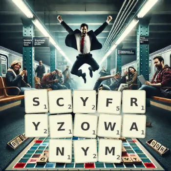 Kreatywna ilustracja do gry w Scrabble ze słowem SCYFRYZOWANYM ułożonym z płytek na planszy.