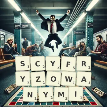 Kreatywna ilustracja do gry w Scrabble ze słowem SCYFRYZOWANYMI ułożonym z płytek na planszy.