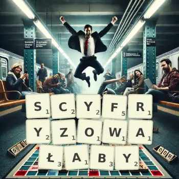 Kreatywna ilustracja do gry w Scrabble ze słowem SCYFRYZOWAŁABY ułożonym z płytek na planszy.