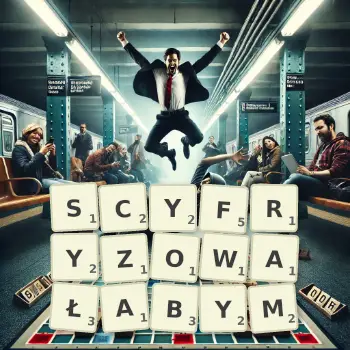 Kreatywna ilustracja do gry w Scrabble ze słowem SCYFRYZOWAŁABYM ułożonym z płytek na planszy.