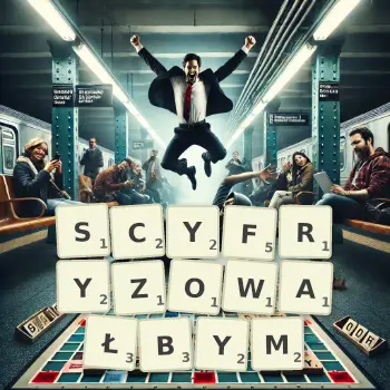 Kreatywna ilustracja do gry w Scrabble ze słowem SCYFRYZOWAŁBYM ułożonym z płytek na planszy.