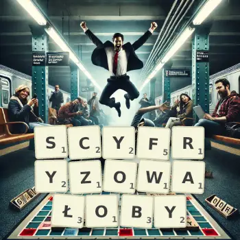 Kreatywna ilustracja do gry w Scrabble ze słowem SCYFRYZOWAŁOBY ułożonym z płytek na planszy.