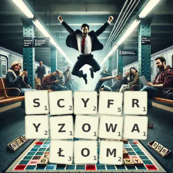 Kreatywna ilustracja do gry w Scrabble ze słowem SCYFRYZOWAŁOM ułożonym z płytek na planszy.