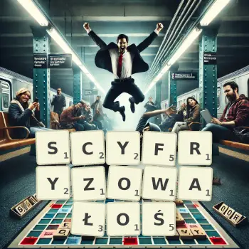 Kreatywna ilustracja do gry w Scrabble ze słowem SCYFRYZOWAŁOŚ ułożonym z płytek na planszy.