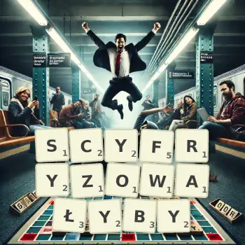 Kreatywna ilustracja do gry w Scrabble ze słowem SCYFRYZOWAŁYBY ułożonym z płytek na planszy.