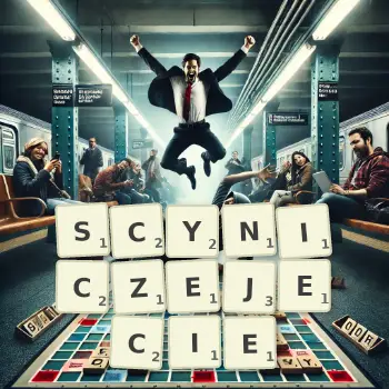 Kreatywna ilustracja do gry w Scrabble ze słowem SCYNICZEJECIE ułożonym z płytek na planszy.
