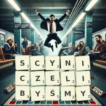 Kreatywna ilustracja do gry w Scrabble ze słowem SCYNICZELIBYŚMY ułożonym z płytek na planszy.
