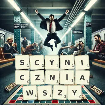 Kreatywna ilustracja do gry w Scrabble ze słowem SCYNICZNIAWSZY ułożonym z płytek na planszy.