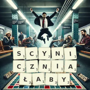 Kreatywna ilustracja do gry w Scrabble ze słowem SCYNICZNIAŁABY ułożonym z płytek na planszy.
