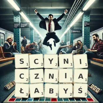 Kreatywna ilustracja do gry w Scrabble ze słowem SCYNICZNIAŁABYŚ ułożonym z płytek na planszy.
