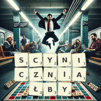 Kreatywna ilustracja do gry w Scrabble ze słowem SCYNICZNIAŁBY ułożonym z płytek na planszy.