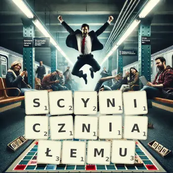 Kreatywna ilustracja do gry w Scrabble ze słowem SCYNICZNIAŁEMU ułożonym z płytek na planszy.
